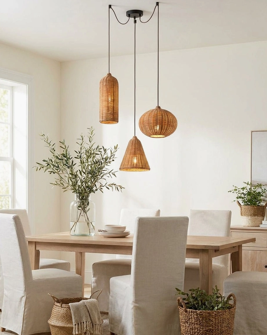Hand-woven rattan pendant shade close-up, natural fiber texture with varying weave density and warm honey tone variation
