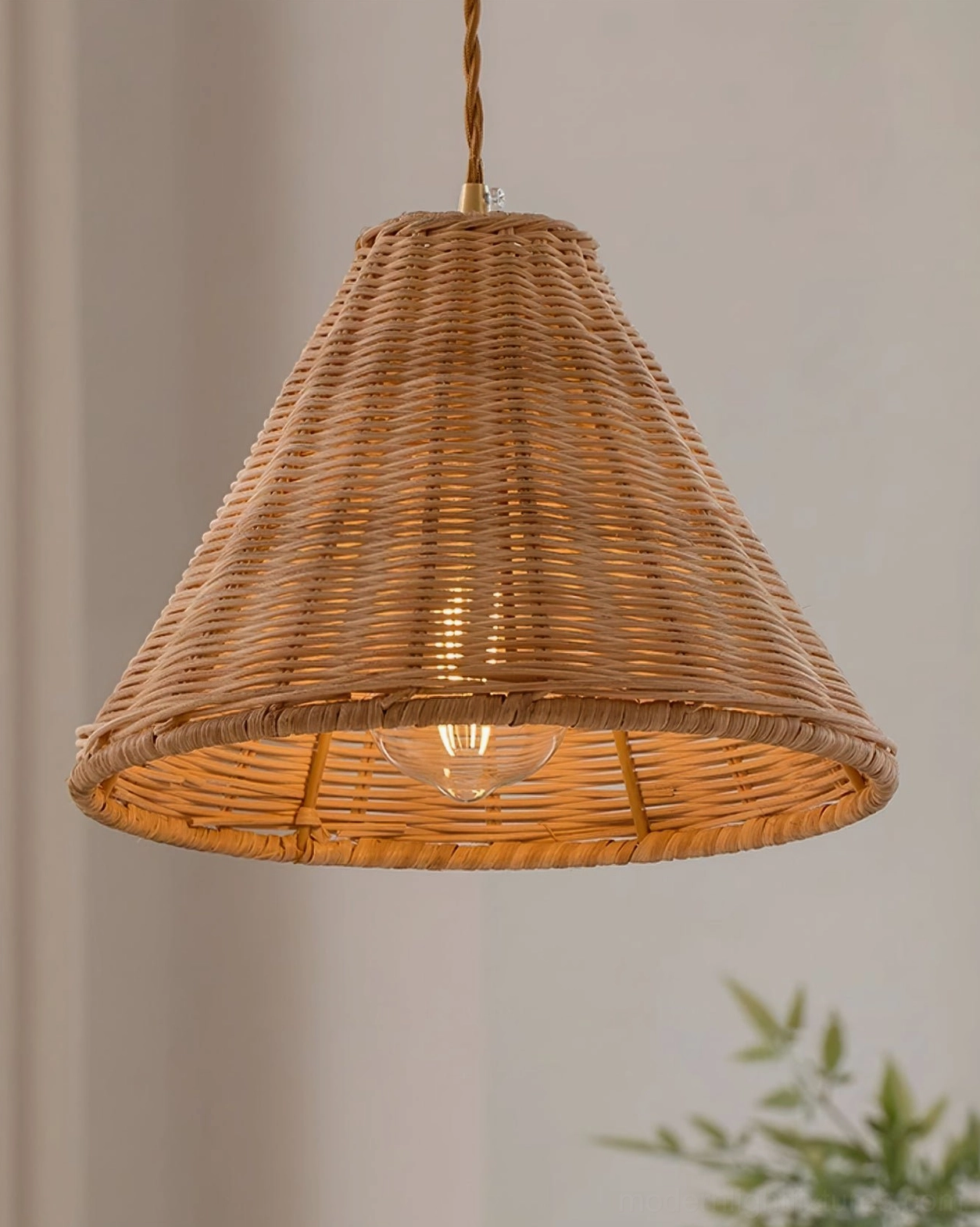 Rattan pendant lamp mounted on sloped ceiling showing angle-adaptive installation compatibility