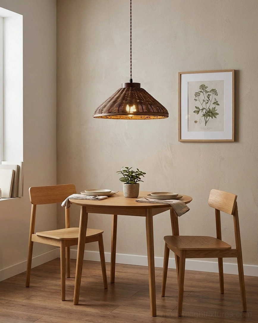 Woven rattan pendant light above two-seater wooden dining set, intimate meal space lighting