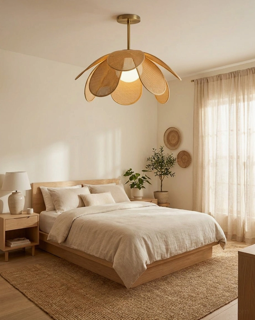 Woven rattan flower flush mount ceiling light in master bedroom with wooden bed frame, warm brass fixture complementing natural wood furniture