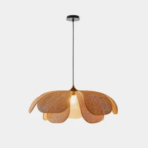 Rattan petal pendant light with natural woven shade, direct frontal view on white studio backdrop showing intricate rattan weave pattern
