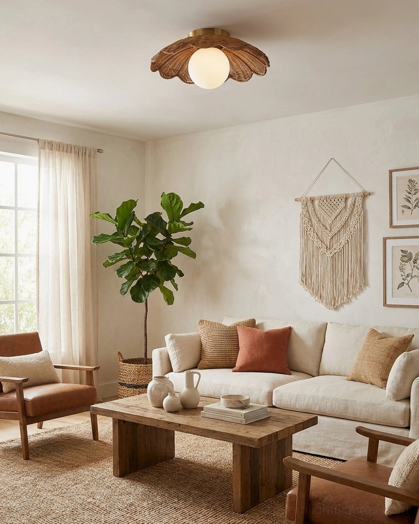 Natural rattan flush mount light with antique brass finish in family living room with woven decor