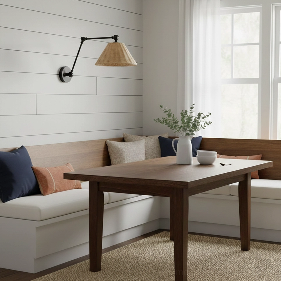 Rattan shade swing arm lamp installed on white shiplap wall in farmhouse dining nook