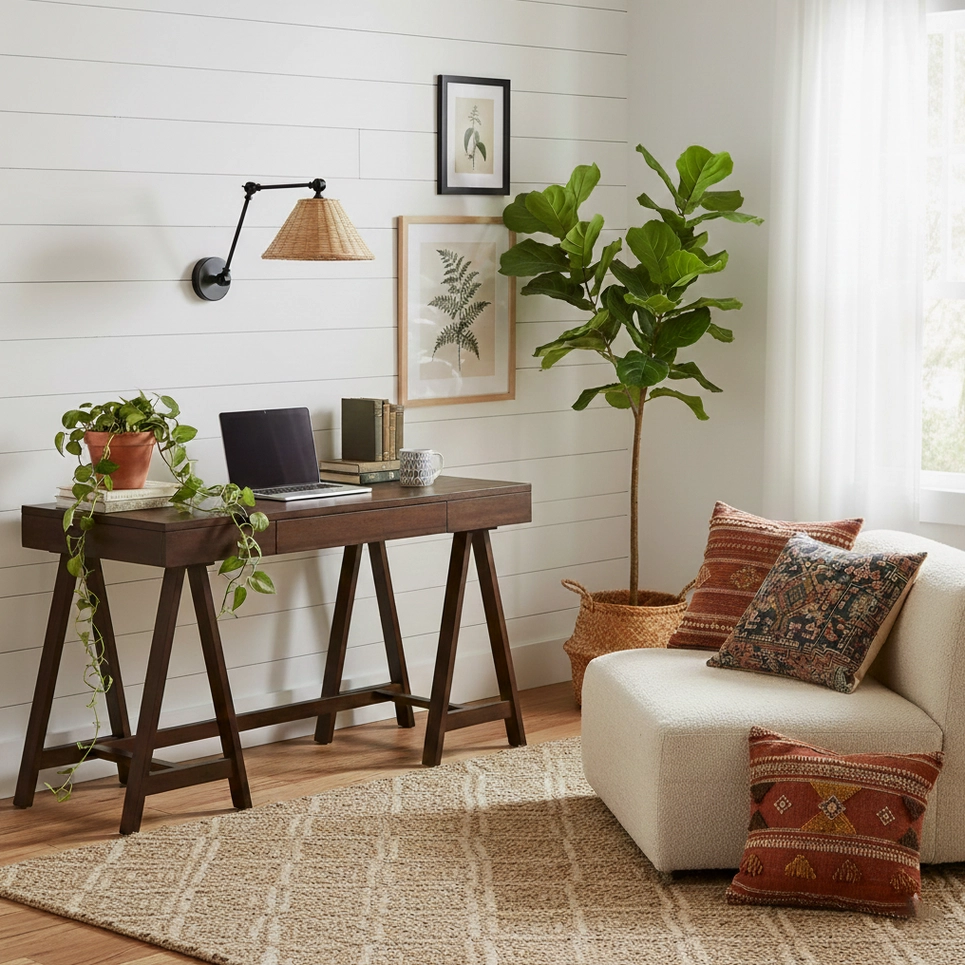 Adjustable rattan wall sconce mounted above wooden desk in home office with green decor