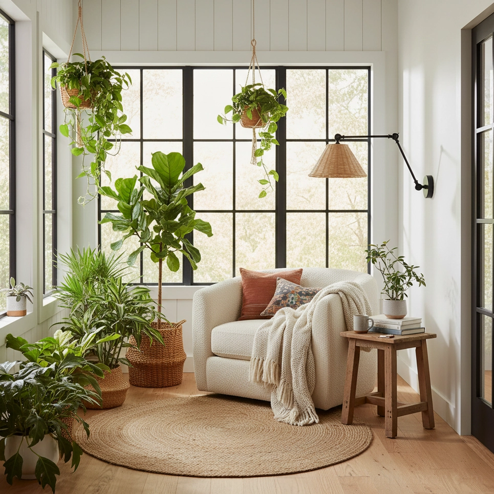 Natural rattan woven shade on adjustable swing arm wall sconce - side profile view