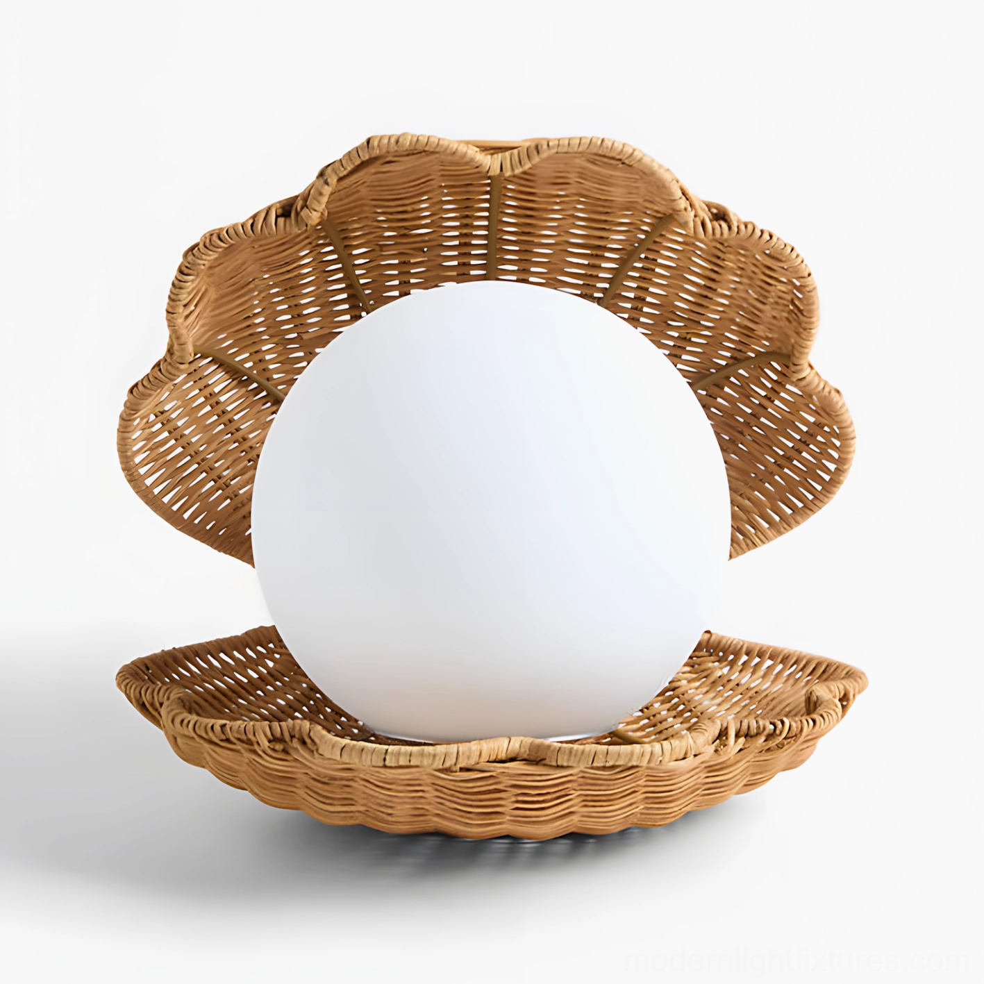 Unlit natural rattan seashell lamp with frosted glass globe front close-up