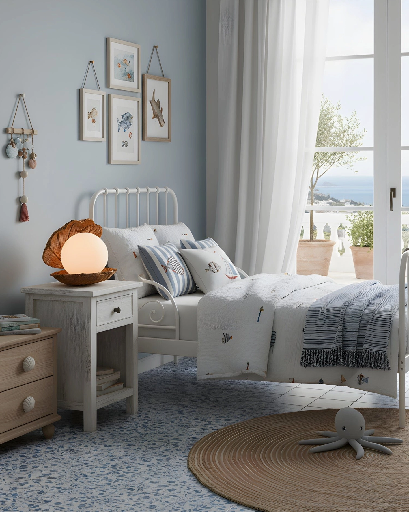 Coastal rattan seashell table lamp with 59-inch cord and plug switch options