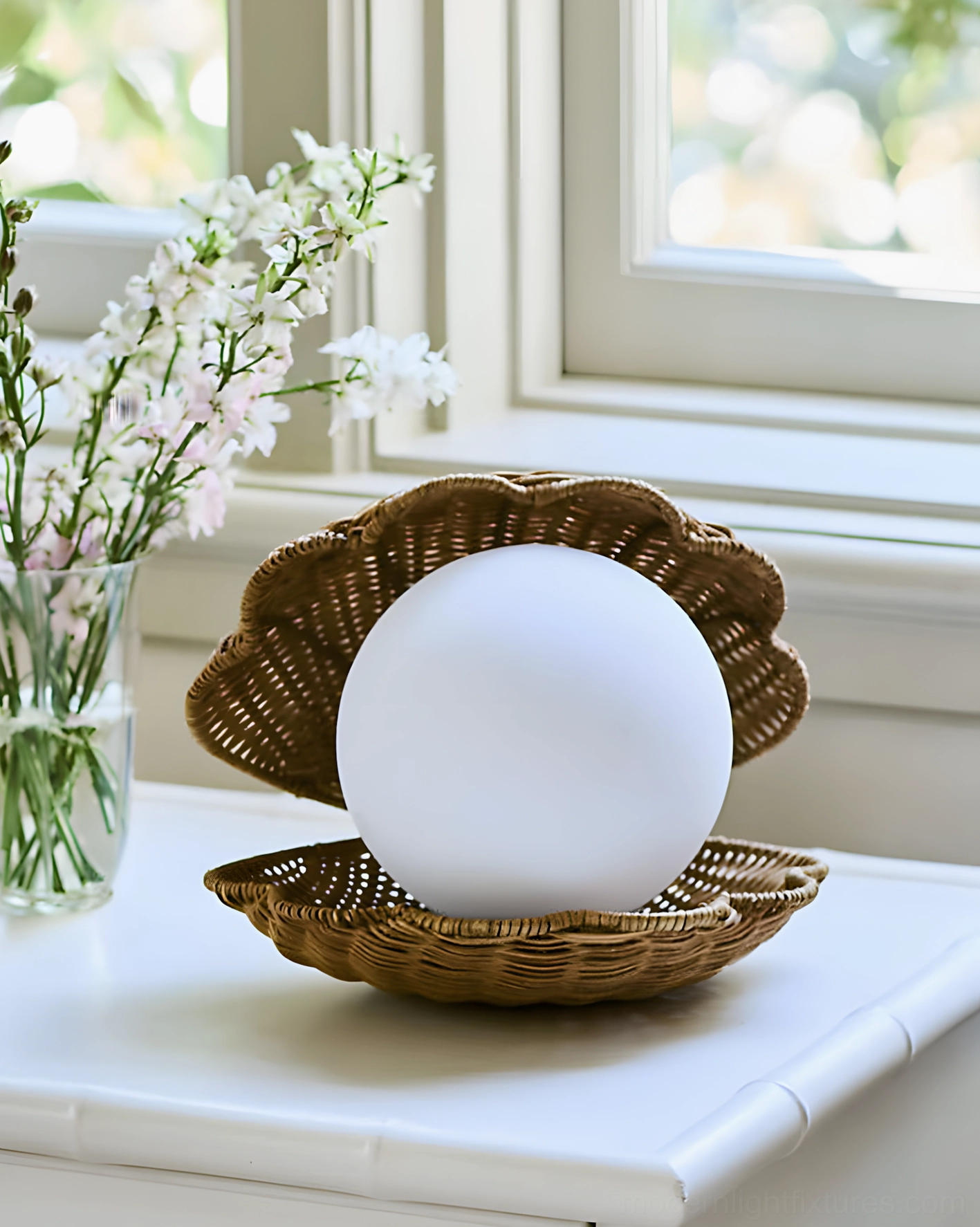 Rattan seashell table lamp on windowsill vanity table with cozy cottage aesthetic