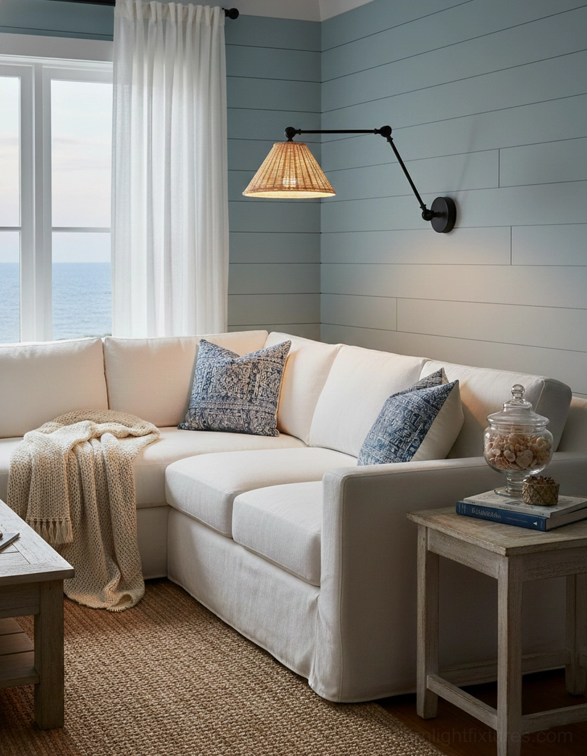 Swing arm wall sconce with natural rattan shade in coastal living room on blue shiplap wall