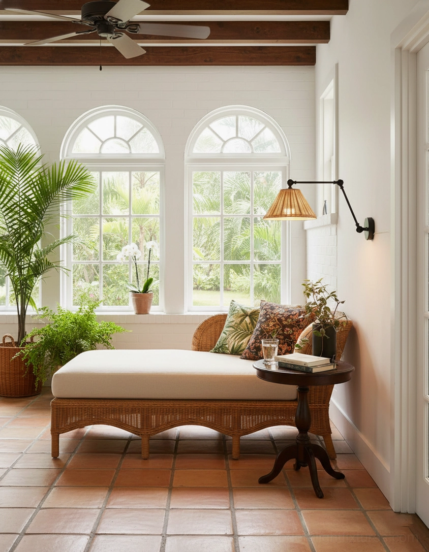 Rattan swing arm wall lamp installed in sunlit sunroom with arched windows - wide room view
