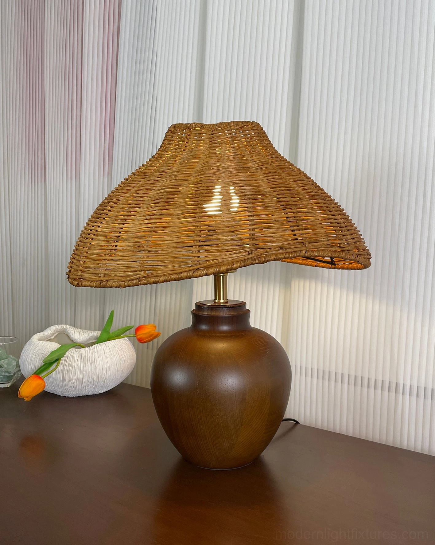 Natural rattan weave table lamp showing artisan hand-woven craftsmanship and quality construction