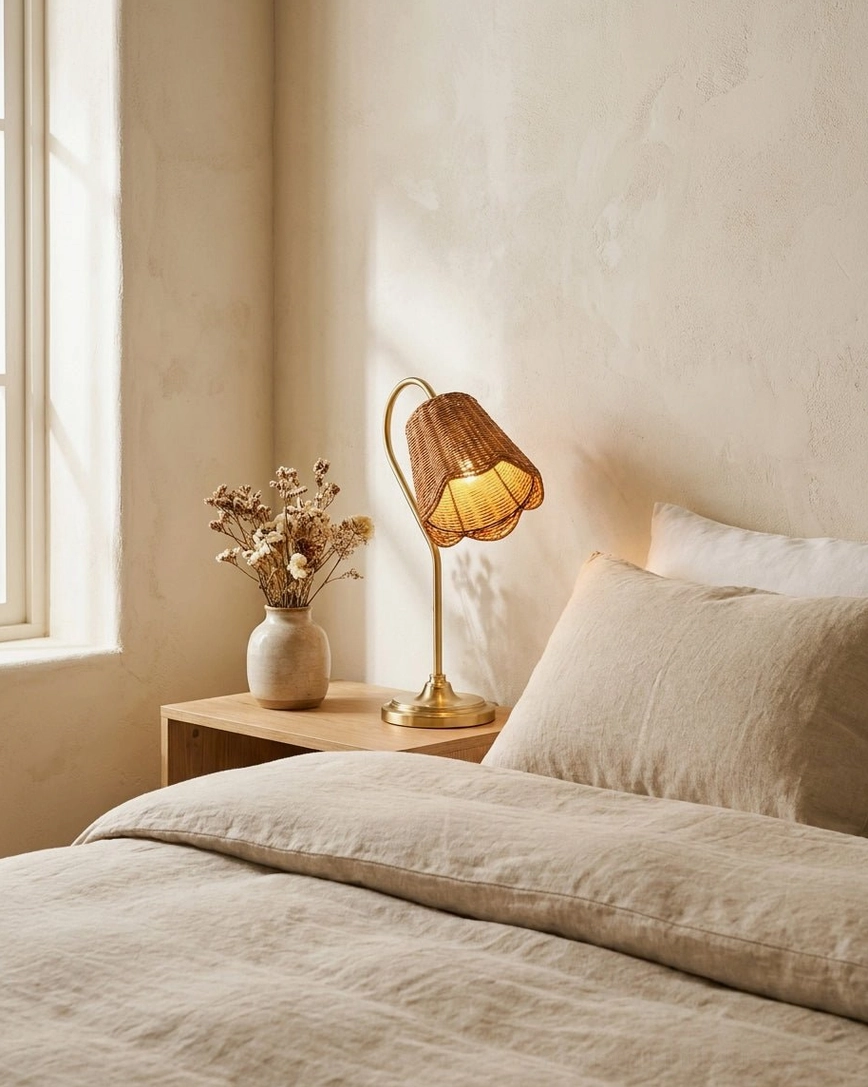 Front eye-level view of rattan table lamp on neutral bedroom with linen bedding and tabletop flowers