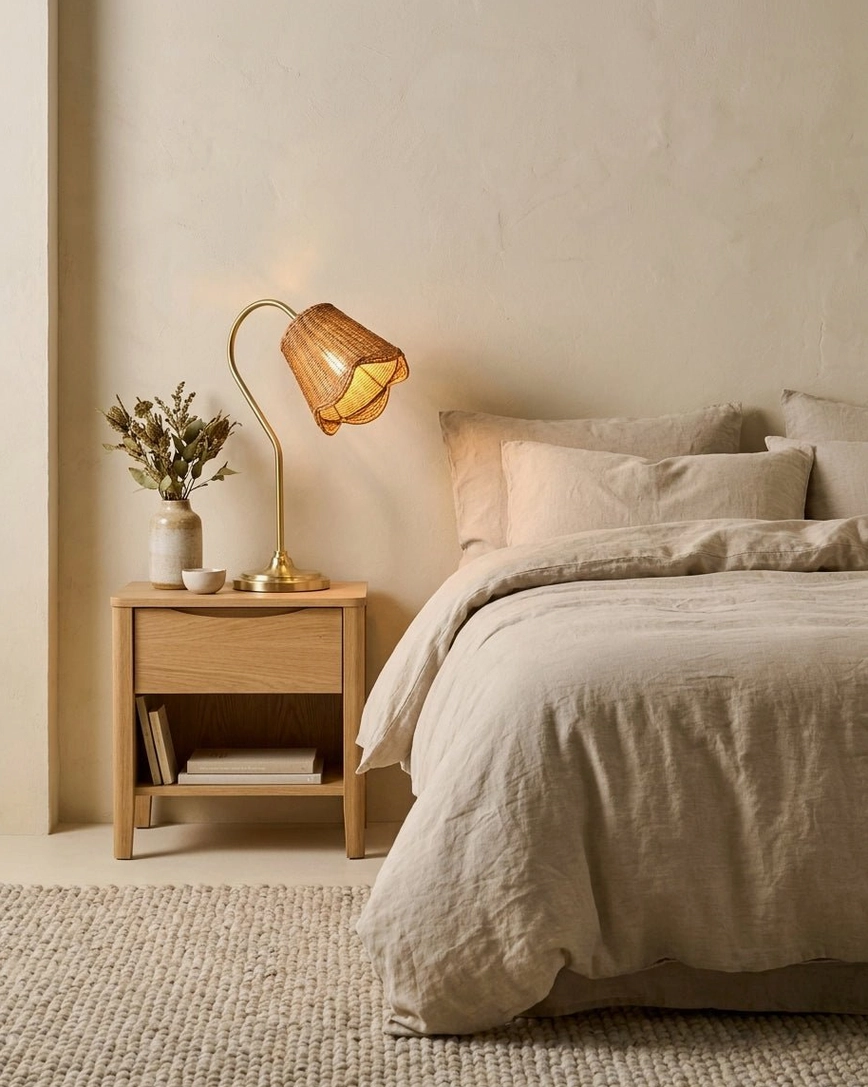 Rattan table lamp placed on small wooden nightstand in cozy master bedroom interior