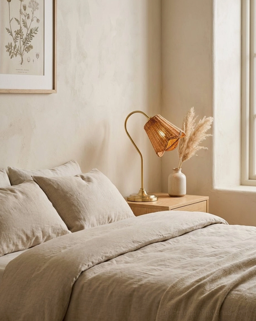 Rattan table lamp on master bedroom nightstand with linen bedding and dried floral decoration