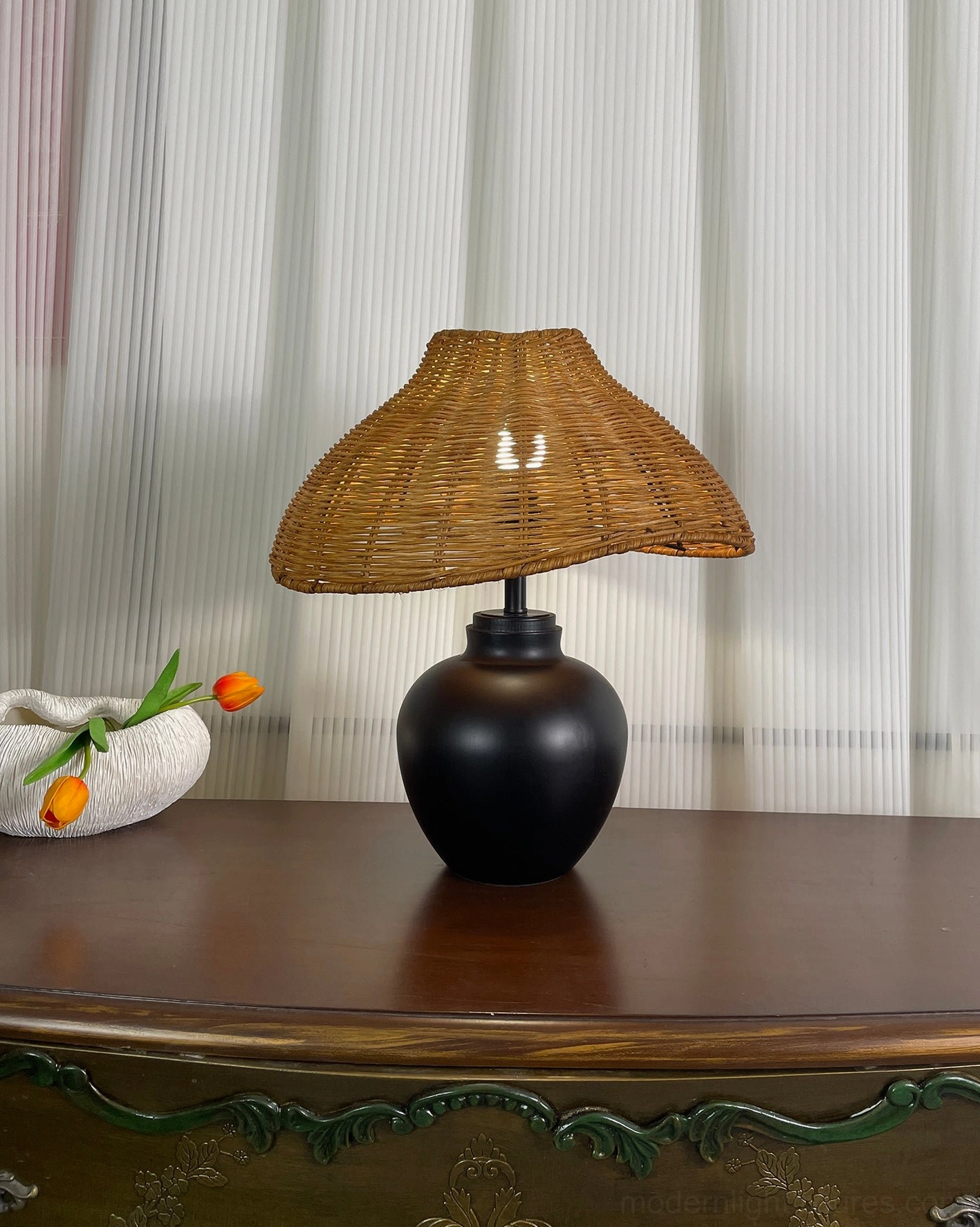 Natural rattan table lamp for bohemian and eclectic interior design styles, sustainable materials