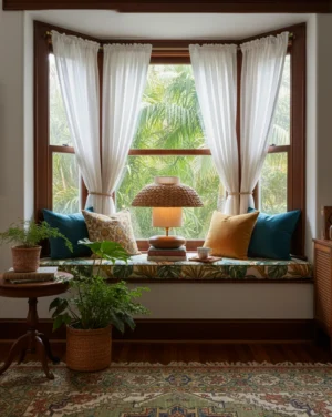 Bohemian rattan table lamp placed on side table in bay window with green plants and vintage home decor styling