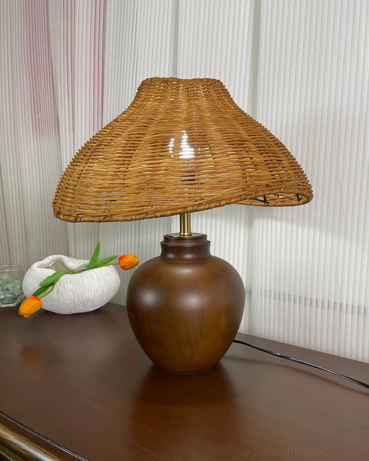 Rattan table lamp 43cm diameter 50cm height, perfect size for nightstands and side tables