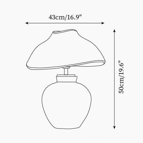 Rattan table lamp technical dimension diagram showing 43cm width by 50cm height specifications