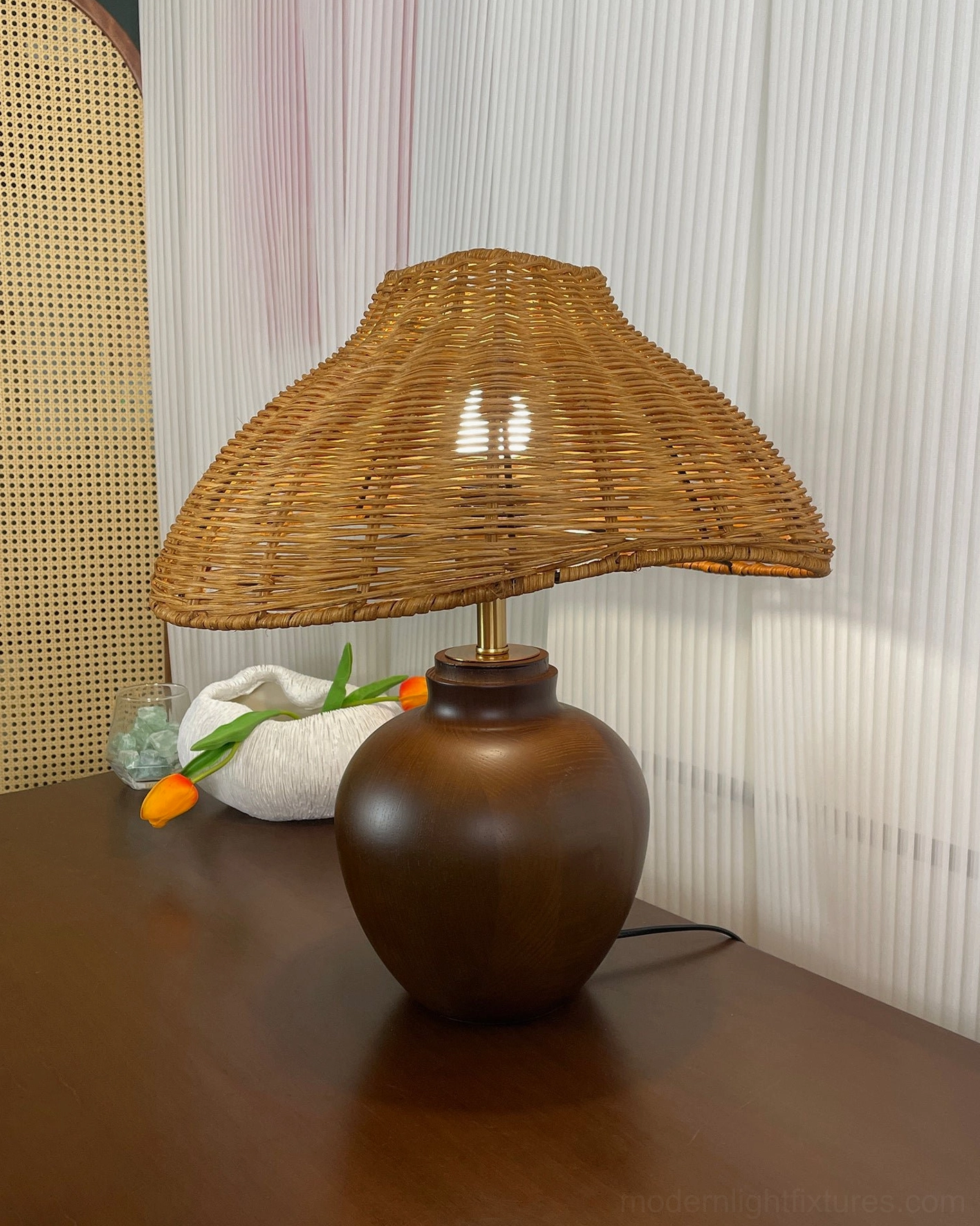 Rattan table lamp with push button switch and dimmer compatibility for customizable ambient lighting