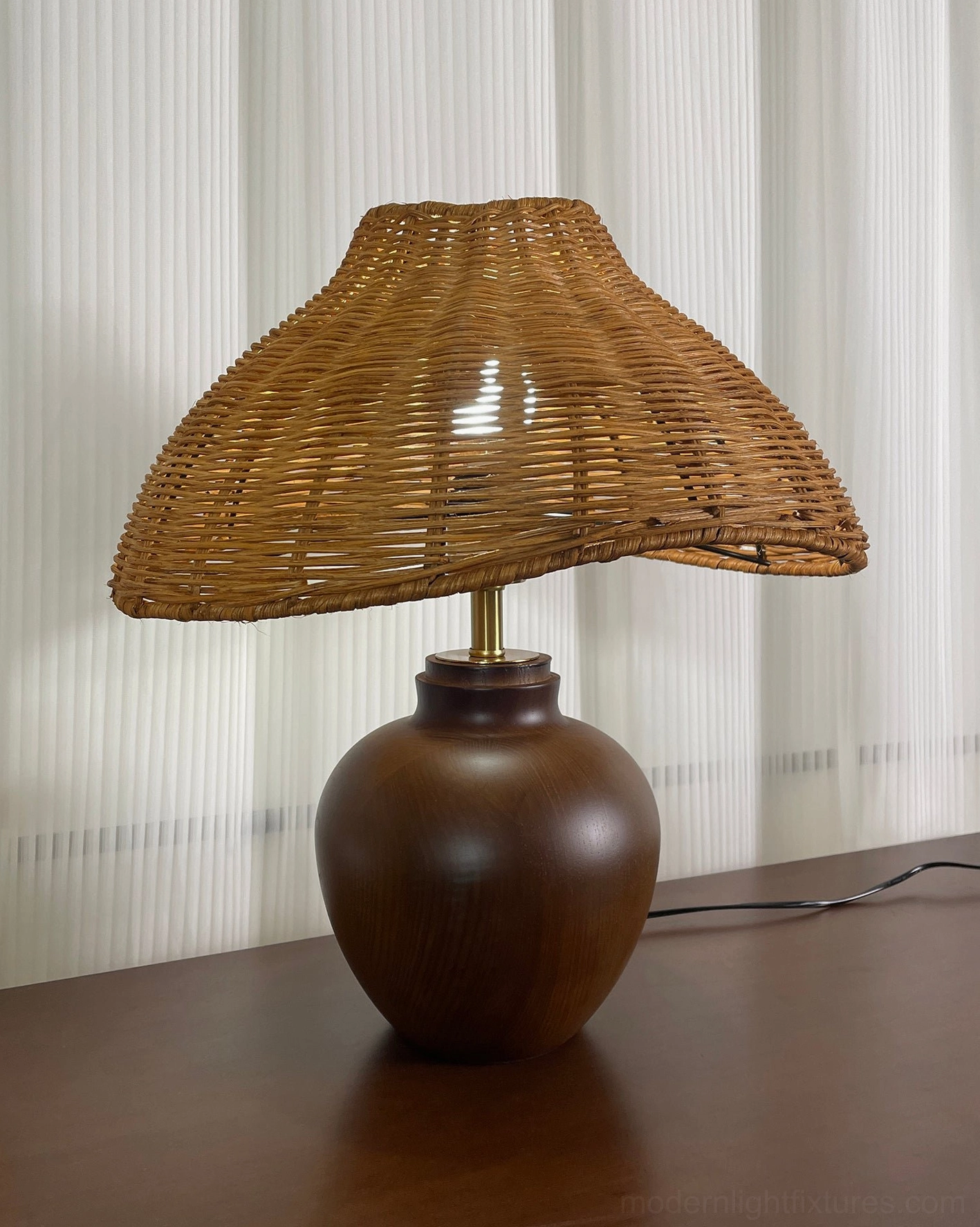Rattan table lamp energy efficient LED compatible, 40W incandescent equivalent warm lighting
