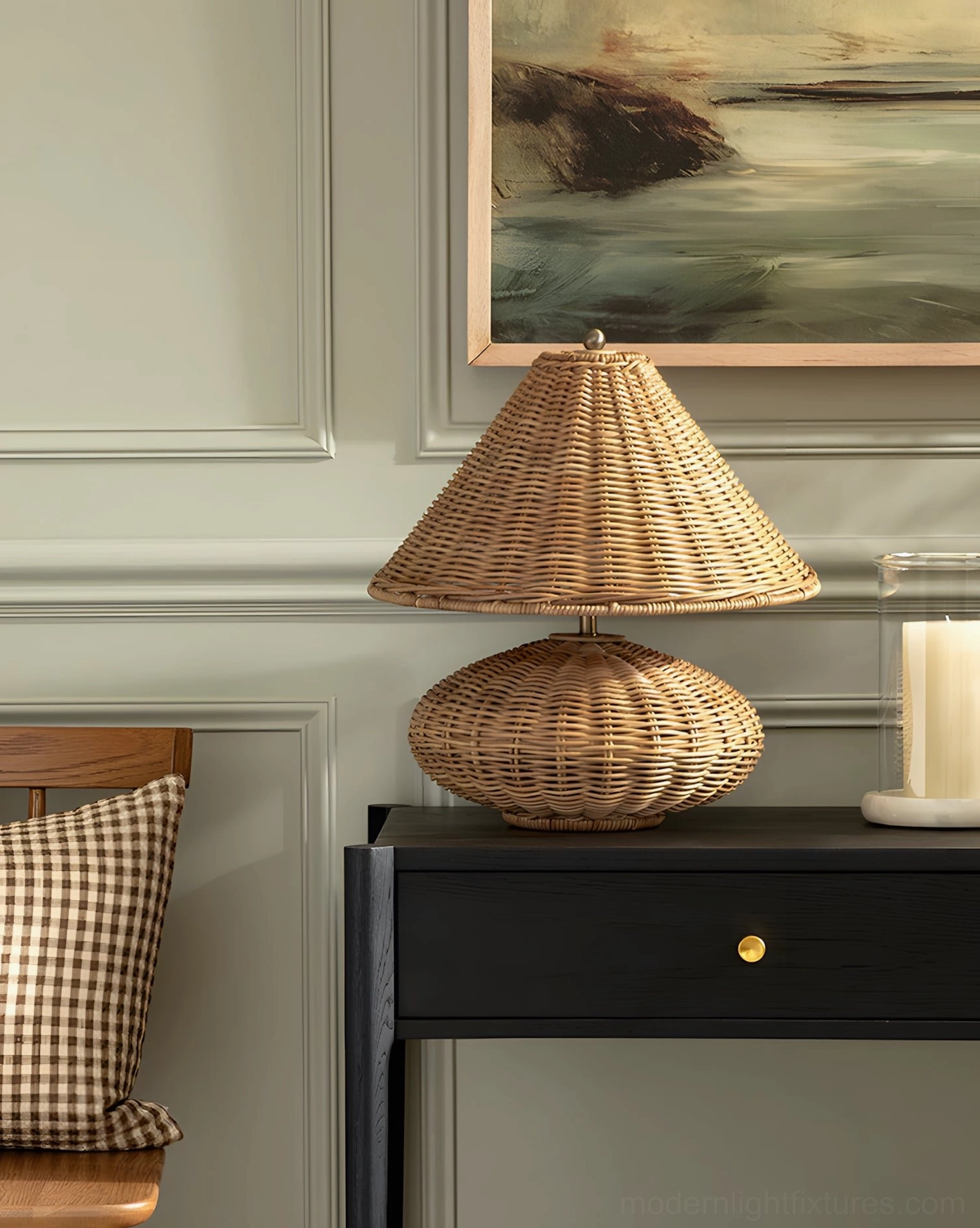 Rattan table lamp placed on black console table in entryway interior scene with wall art decor, oblique side angle view