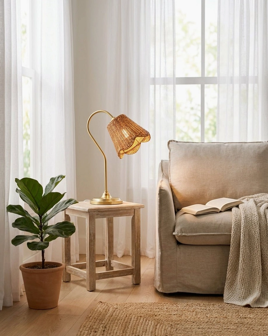 Rattan table lamp illuminated showing warm textured light glow through woven shade interior