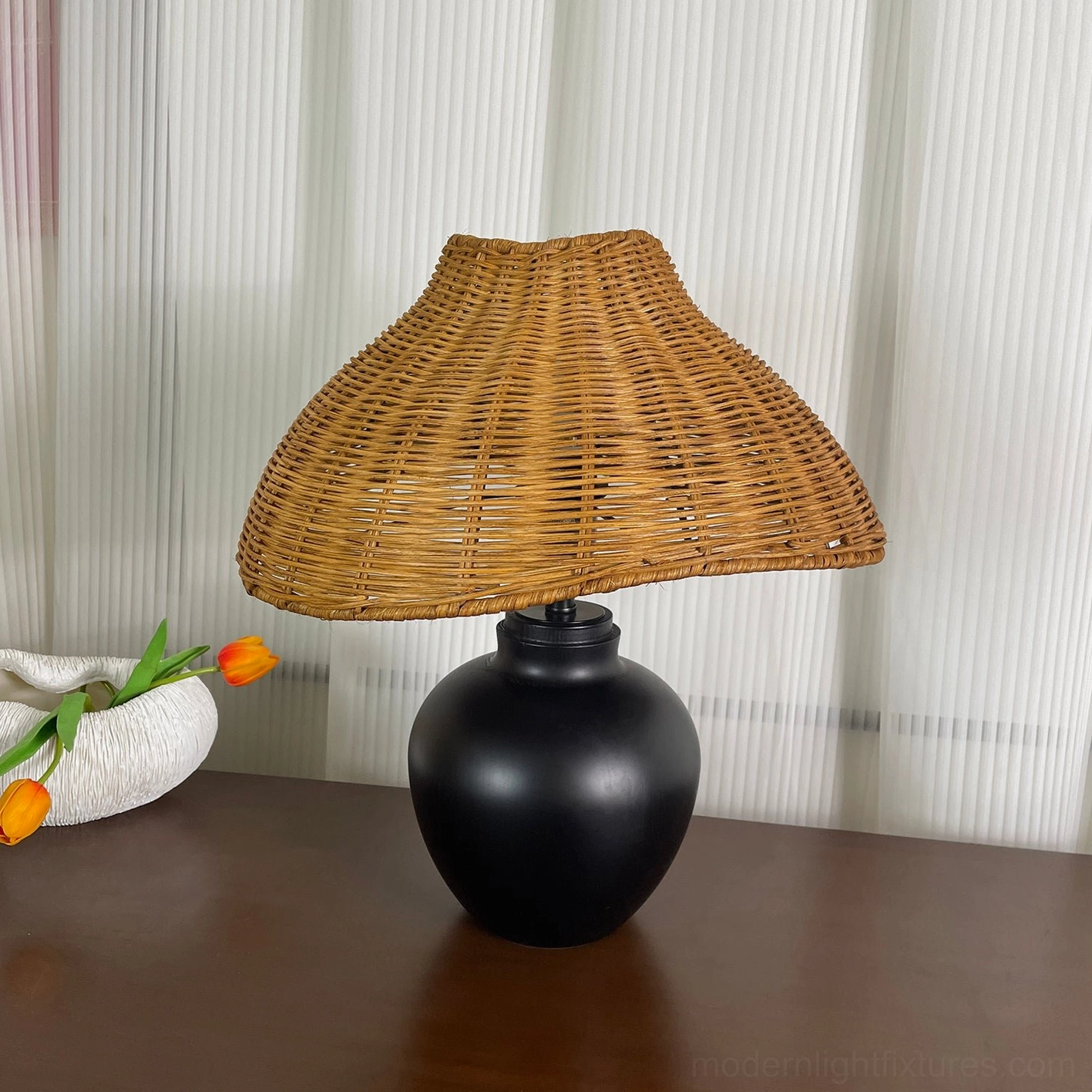 Rattan table lamp base with sculptural form perfect for industrial chic and modern minimalist interiors