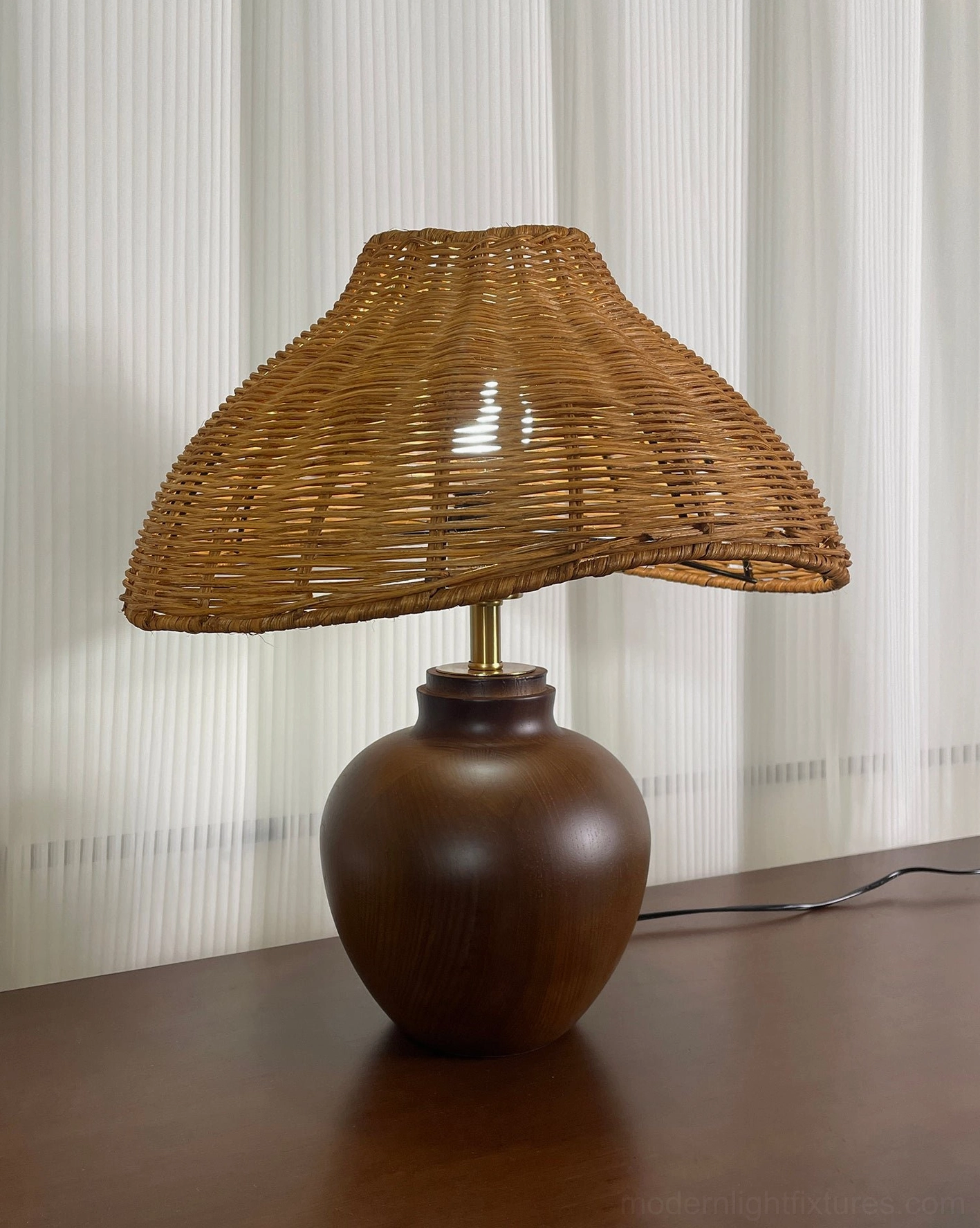 Rattan table lamp with 59-inch power cord, flexible placement for home office or bedroom lighting