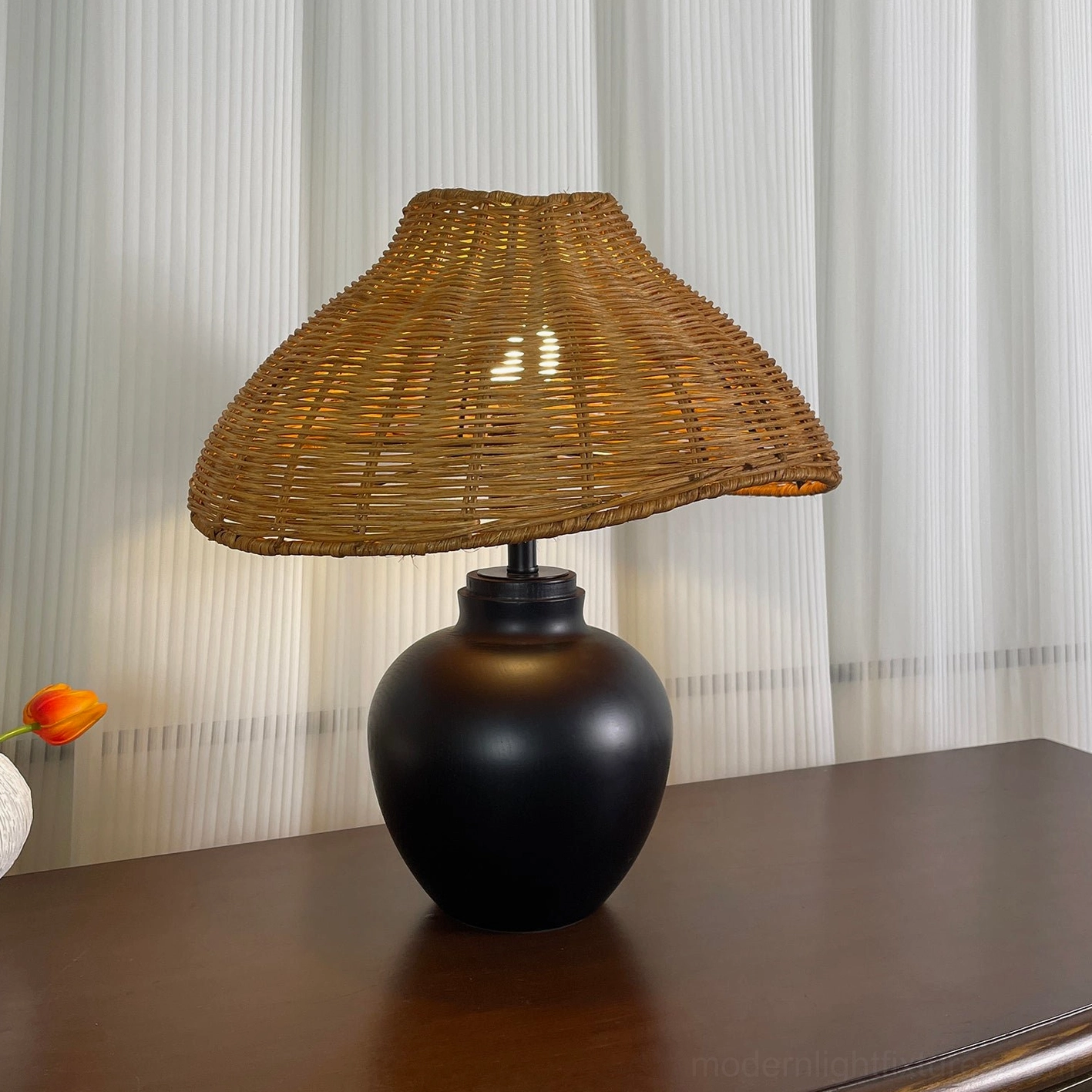 Rattan table lamp available in walnut and black finishes, multiple plug options for global use