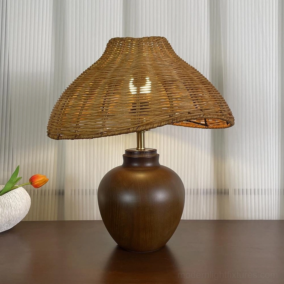 Rattan table lamp in walnut wood finish with natural rattan shade, warm contemporary style