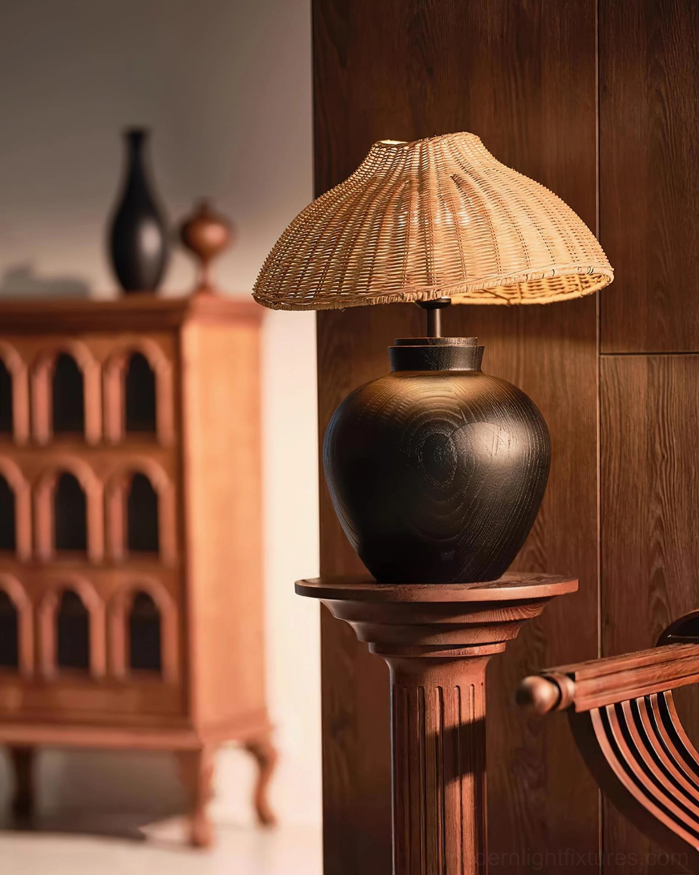 Modern rattan table lamp illuminated in warm lighting, highlighting natural texture and contemporary design