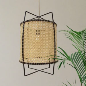 Close-up detail of natural rattan weave texture on modern boho pendant lamp with metal frame