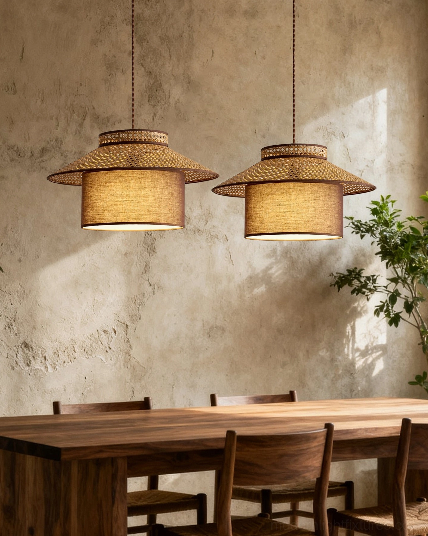 Rattan woven pendant lamp in beige and white colorway, contemporary farmhouse interior accent lighting