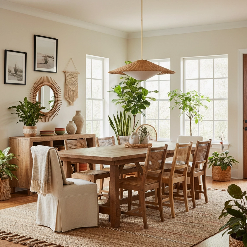 Natural rattan woven pendant lamp featuring handcrafted cone shape and warm interior glow in contemporary minimalist space