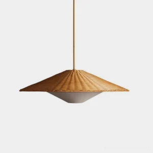 Natural rattan woven cone pendant light with white fabric diffuser on studio white background, showing top-down overhead view of bohemian ceiling lamp