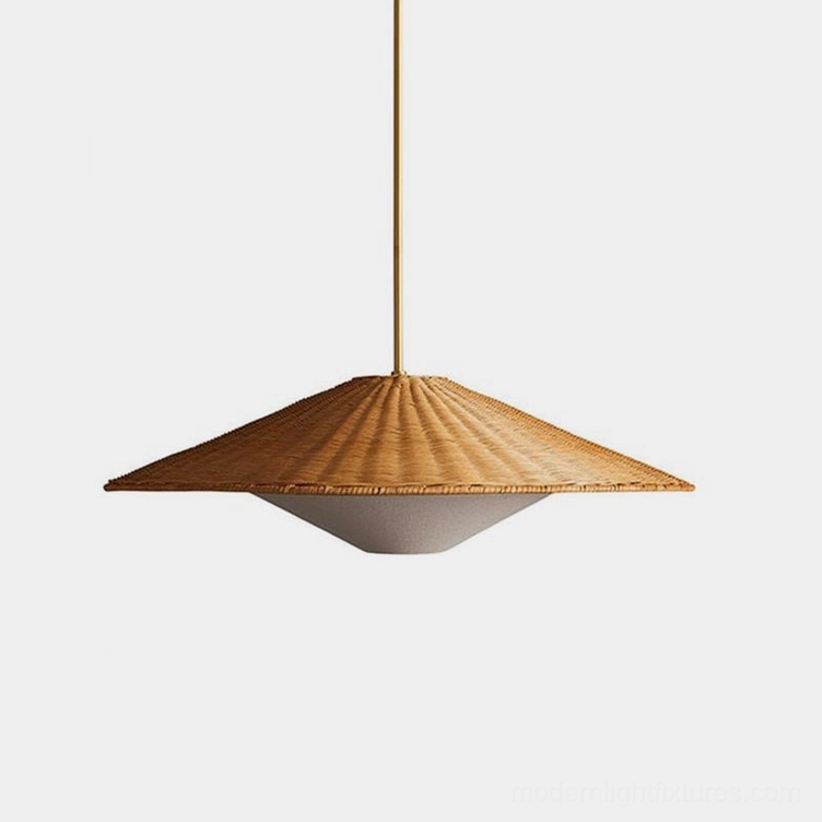 Natural rattan woven cone pendant light with white fabric diffuser on studio white background, showing top-down overhead view of bohemian ceiling lamp