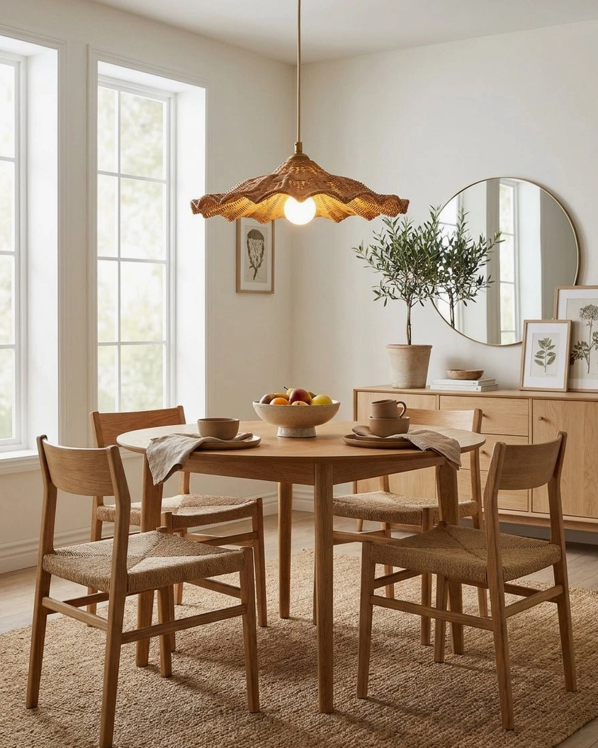Ravela rattan pendant light in rustic bohemian dining room with round wall mirror and potted foliage, eye-level pendant installation view