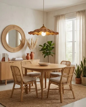 Ravela rattan pendant light installed above dining table in warm bohemian interior, eye-level view showing pendant in dining room setting with round mirror