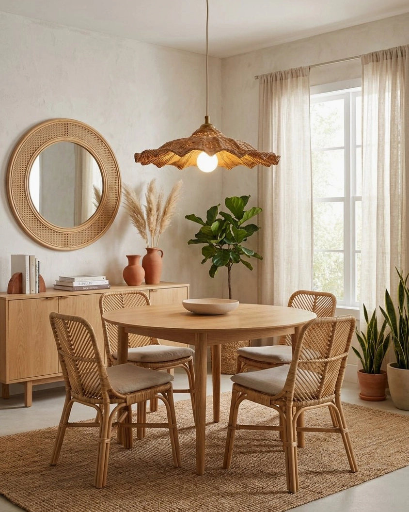 Ravela rattan pendant light installed above dining table in warm bohemian interior, eye-level view showing pendant in dining room setting with round mirror