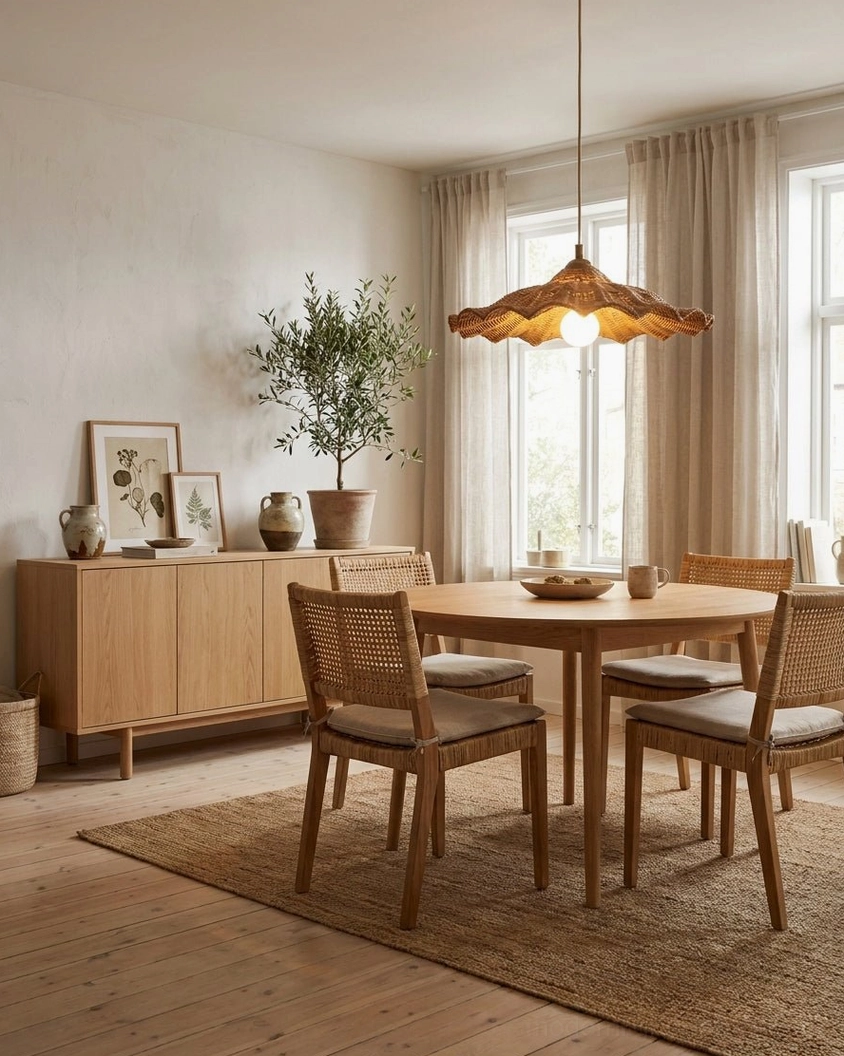 Ravela handwoven rattan pendant in sunlit dining room with wooden sideboard, natural light highlighting the scalloped wave edge and warm rattan tone