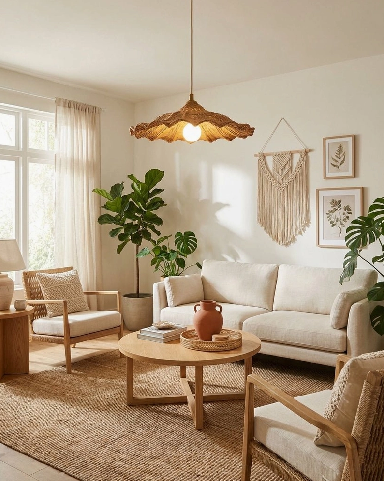 Ravela rattan wave pendant in cozy sunlit living room with wooden coffee table, warm natural light highlighting organic materials and brass hardware