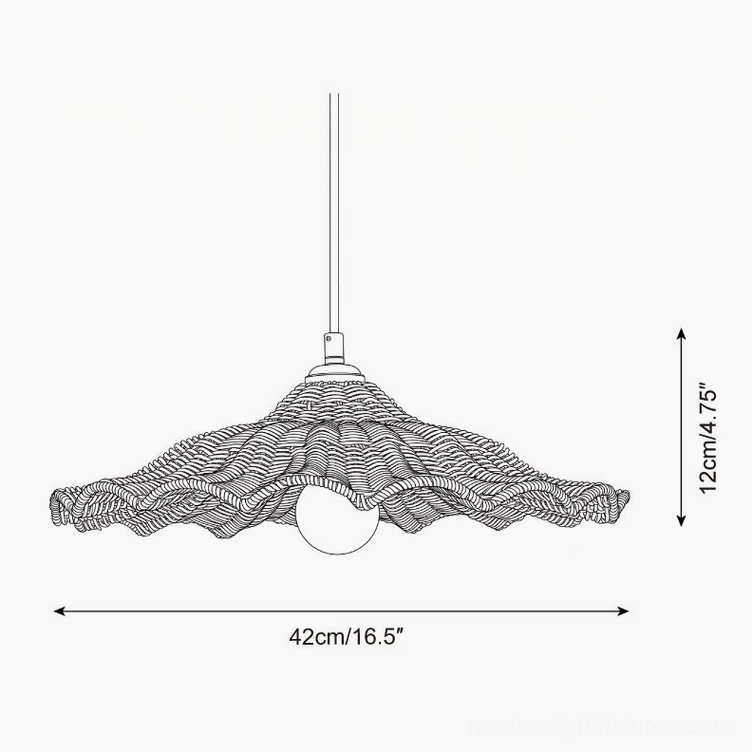 Ravela rattan pendant light technical specification drawing showing 42cm diameter and 12cm height with scalloped wave-edge rim design
