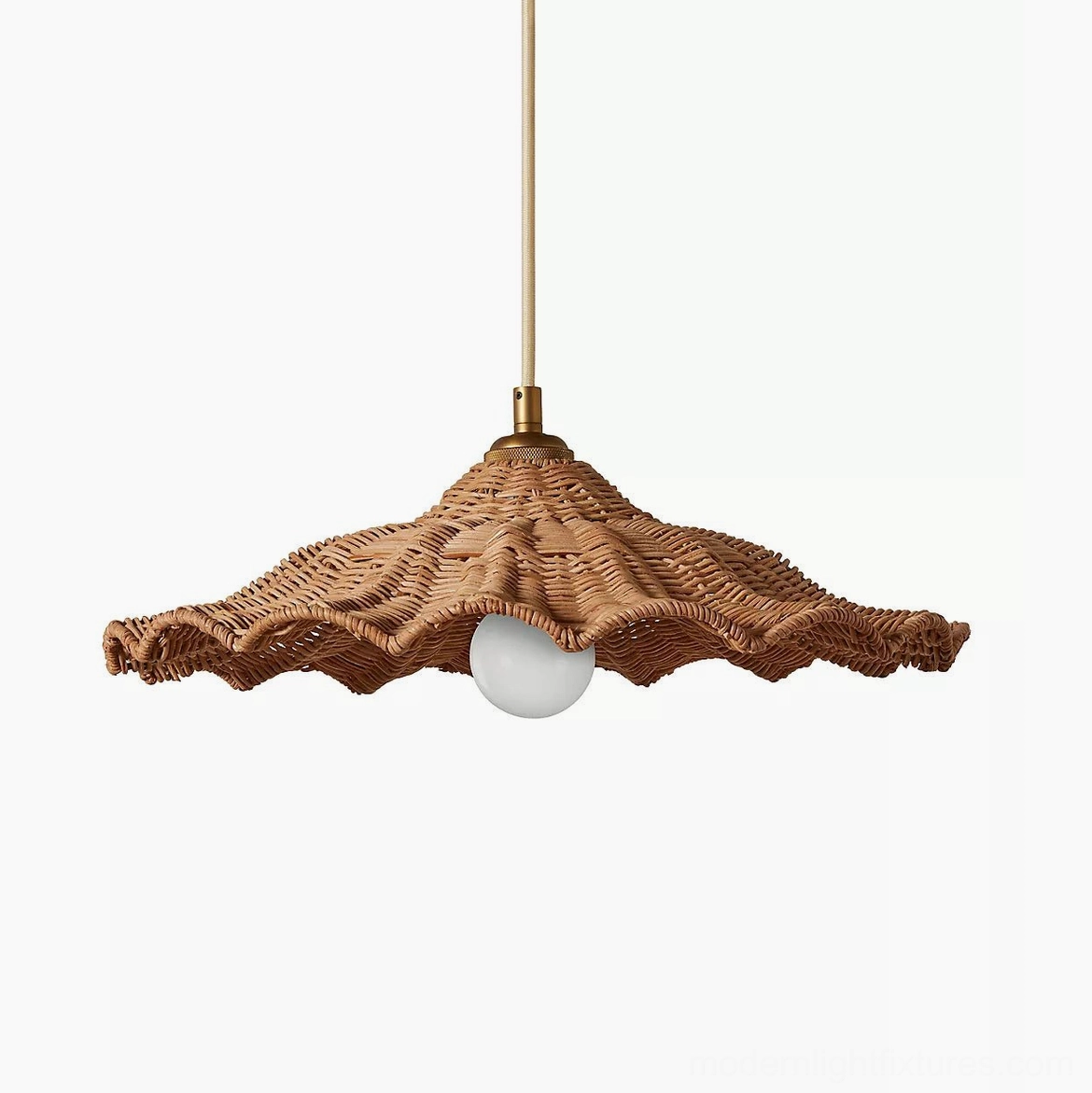 Ravela handwoven rattan pendant light 42cm x 12cm with brass hardware, product shot on neutral background, damp-rated coastal bohemian design