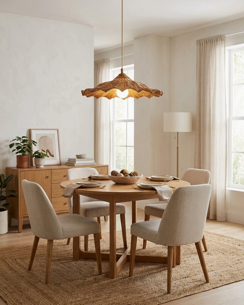 Ravela pendant light above dining table with fabric upholstered chairs and warm wooden furniture, coastal bohemian interior design