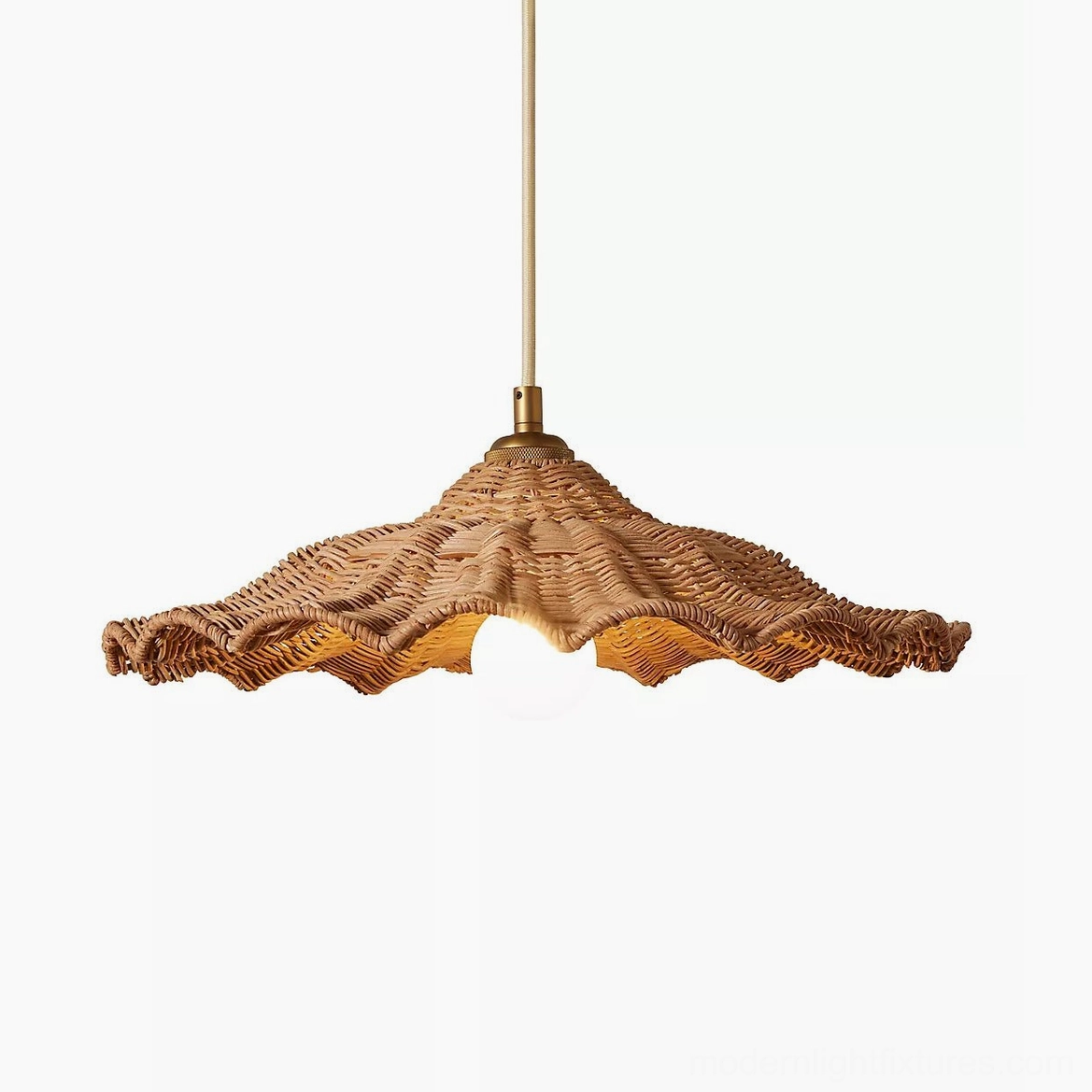 Ravela rattan pendant light full fixture view showing wave-edged scalloped shade 16.5 inches diameter, brass-toned metal canopy, suspended ready for installation