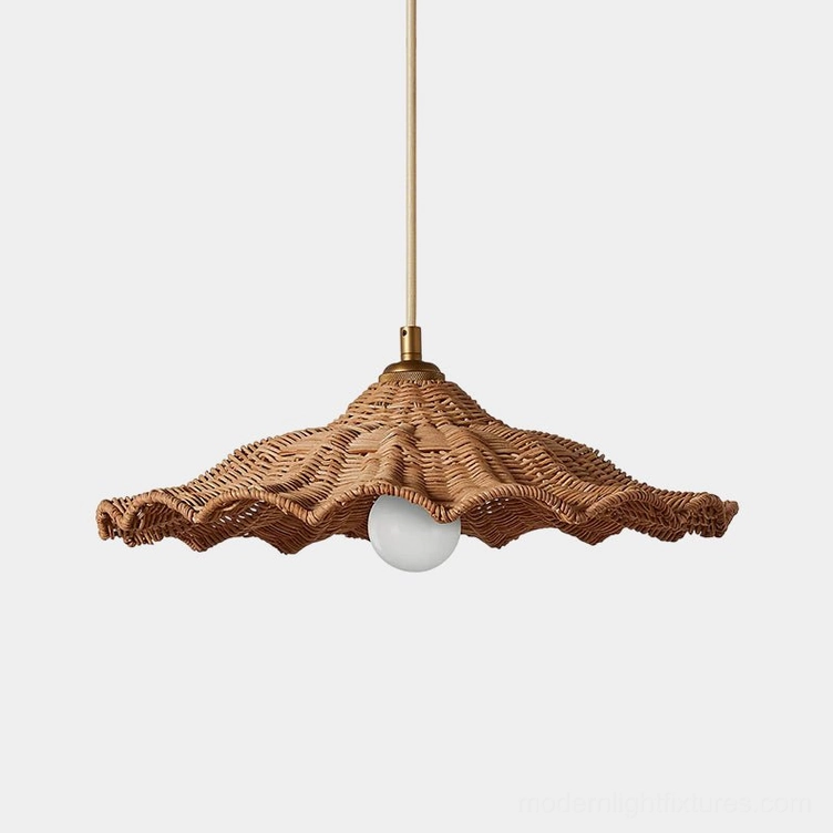 Ravela handwoven rattan wave pendant light with scalloped rim, brass canopy, front studio view showing natural woven texture