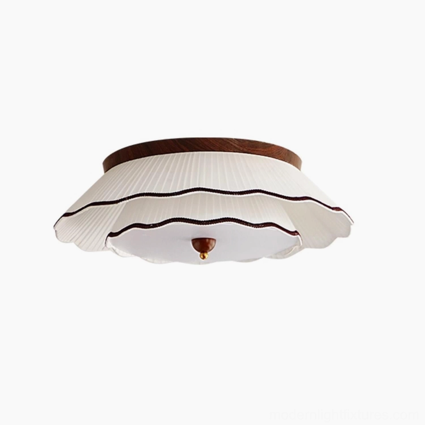 Ravelle pleated ceiling lamp with white ruffled shade and dark wood base three-quarter overhead angle