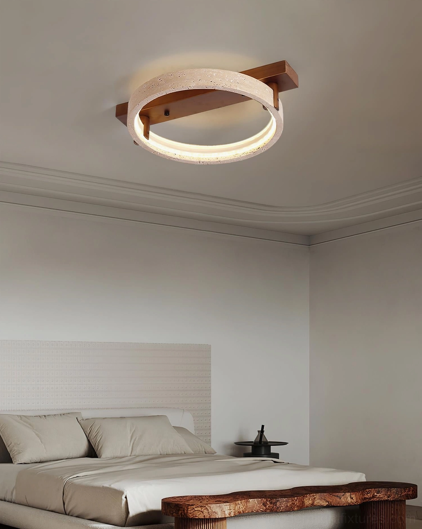 Modern minimalist bedroom with Ravelo ceiling lamp providing soft overhead lighting in neutral interior space
