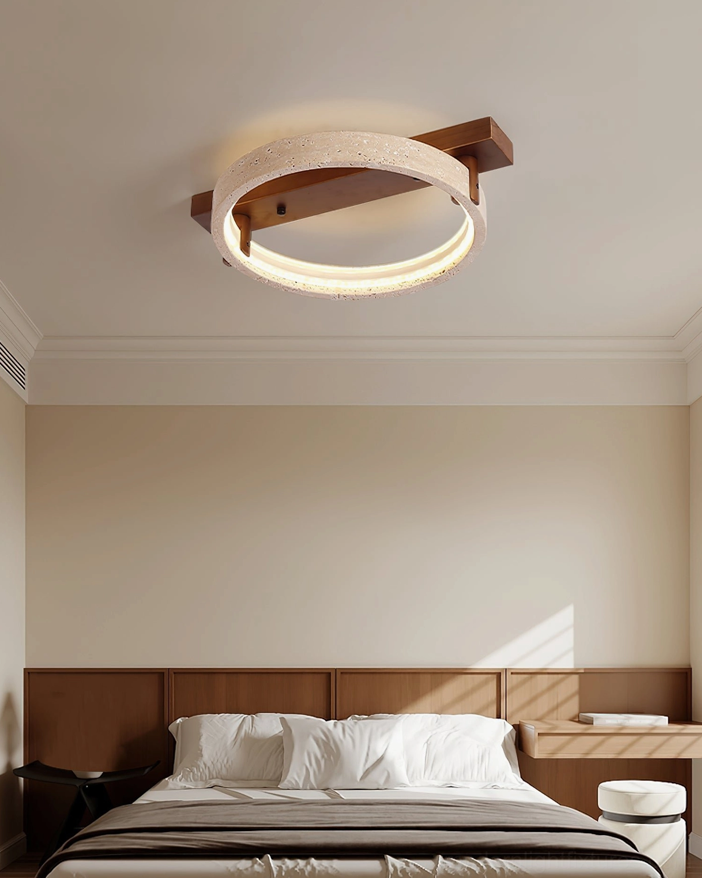 Modern travertine ceiling light fixture Ravelo artistic product photography minimalist aesthetic