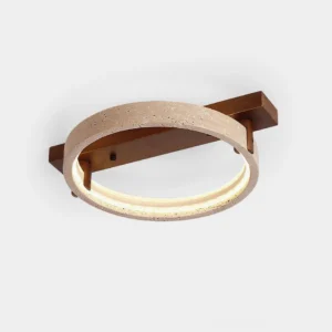 Ravelo travertine ring ceiling light with integrated LED, front studio view showing warm white glow and walnut wood bracket